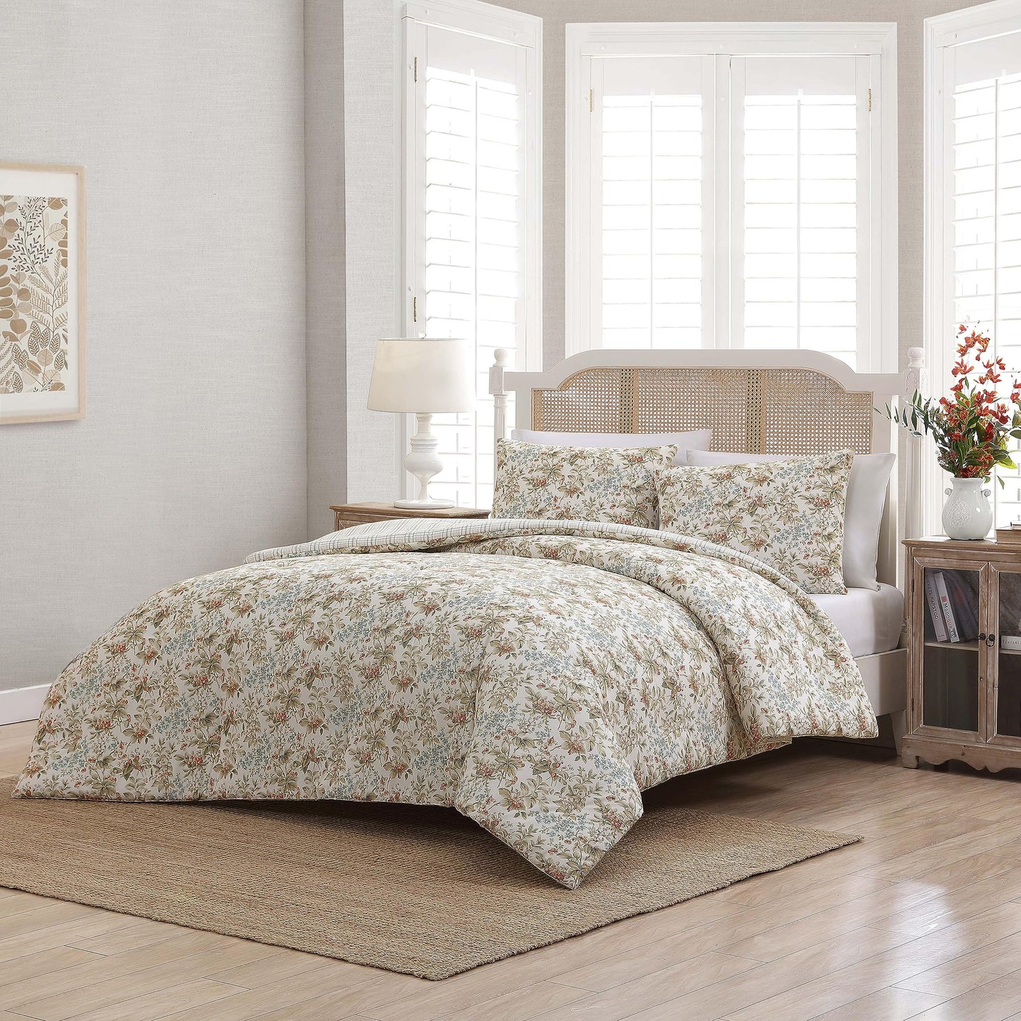 Laura Ashley - Queen Comforter Set, Reversible Cotton Bedding with Matching Shams, Floral Home Decor with Plaid Reverse (Bramble Floral Beige, Queen)