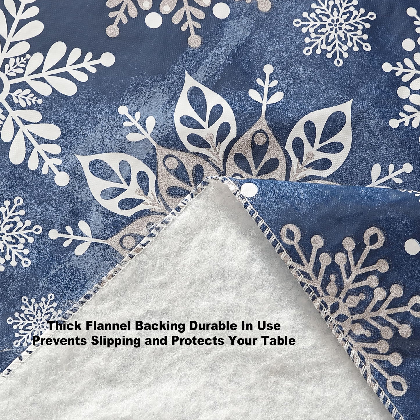 Newbridge Christmas Navy Winter Snowflake 70 Inch Round Vinyl Tablecloth with Flannel Backing – Sparkling Silver Holiday Print Easy-Care Wipe Clean Table Cover