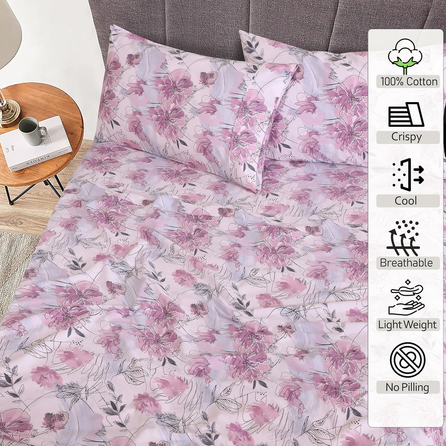 RUVANTI 100% Cotton Percale Sheets Queen Size, Lilac Floral