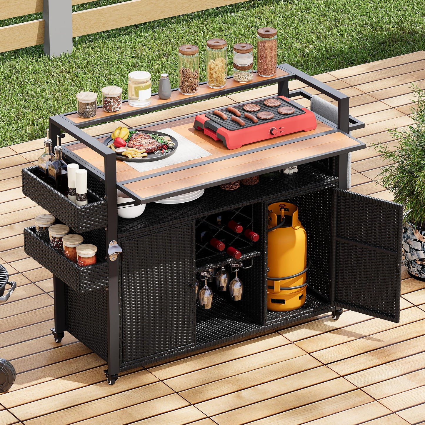 YOPTO Outdoor Grill Cart with Foldable Design,7-Tier Shelves,Lockable Wheels,Wine Rack & Weather-Resistant Wicker Rattan for Indoor/Outdoor Use,Black Brown