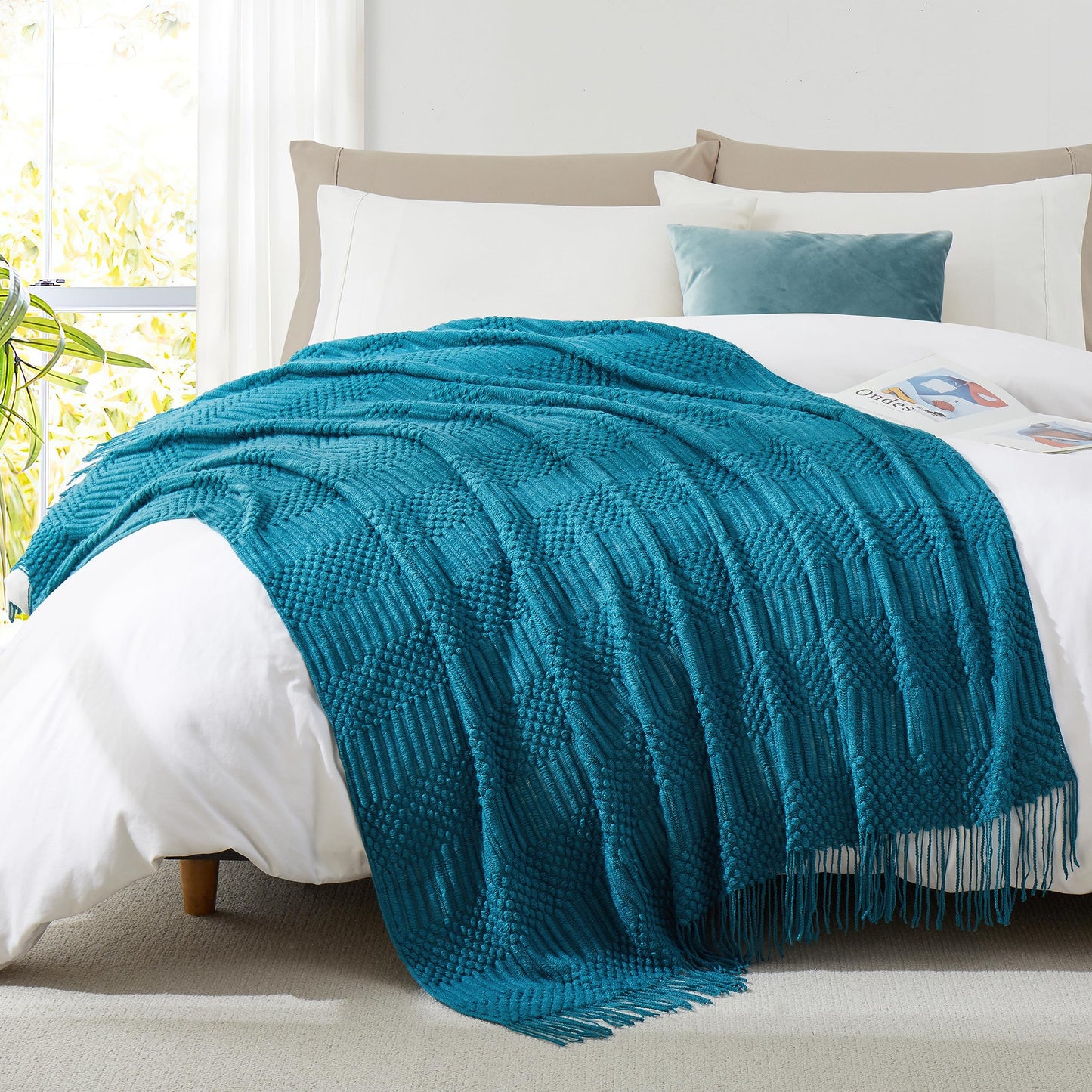 HommxJF Teal Knitted Decorative Throw Blankets for Couch, Bedroom and Officeroom,Textured Fade Resistant Soft and Warm Knit Blanket with Tassel,50"x60"
