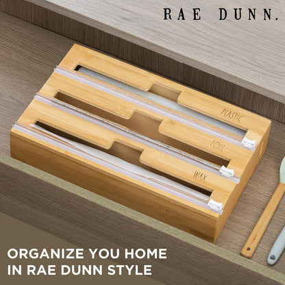 Rae Dunn Bamboo Bag Organizer for Kitchen Drawer - Durable Wood Organizer for Kitchen Storage - Holds Gallon, Quart, Snack, Sandwich Size Baggies, Plastic Wrap and Foil