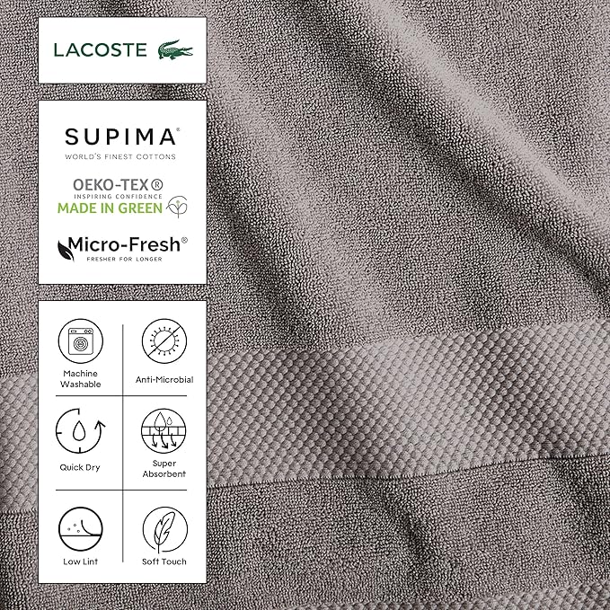 Lacoste Heritage 100% Supima Cotton Hand Towel, Premium Super Soft Bath Towel