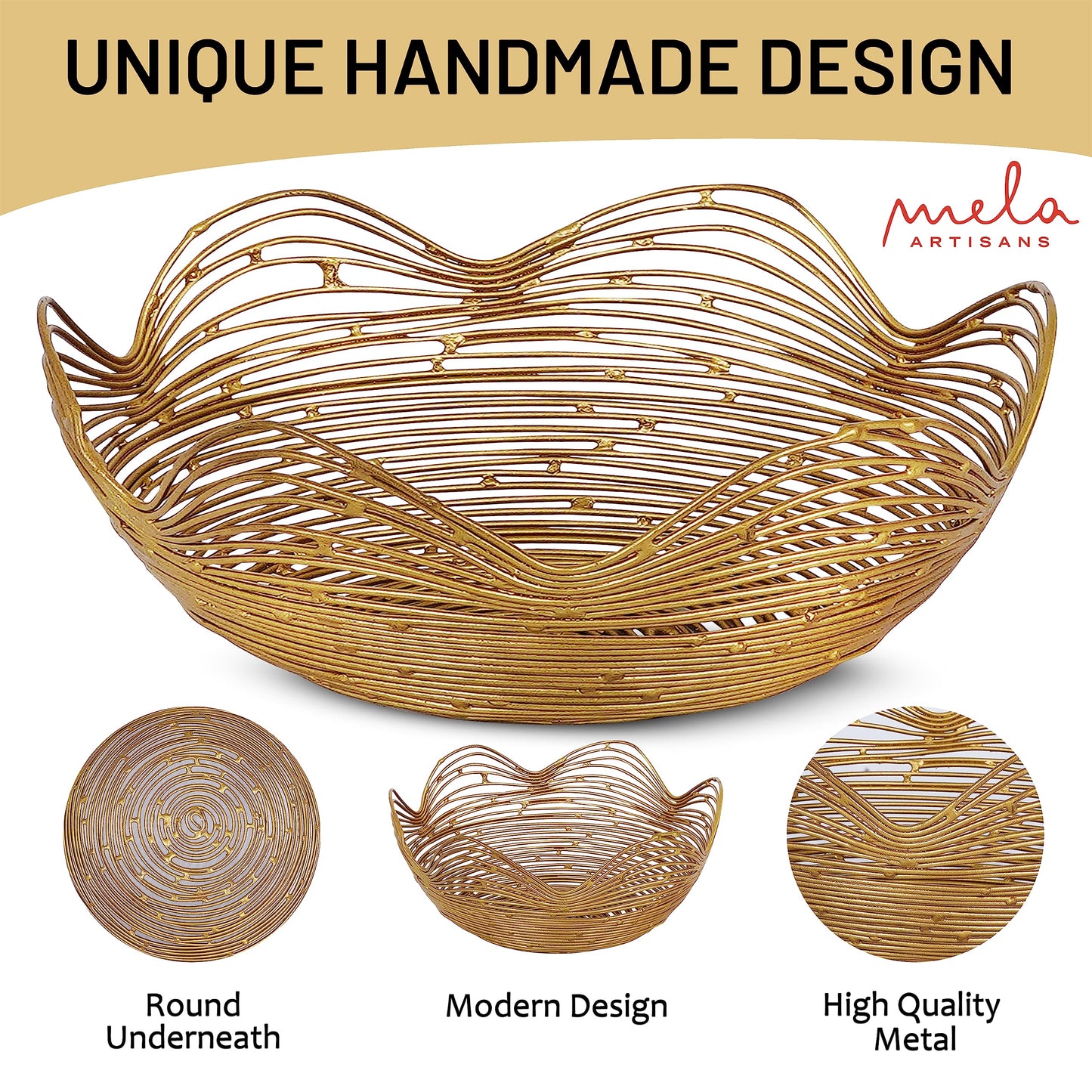 Mela Artisans 12 in Wide x 6 in Tall Gurez Valley Gold Metal Fruit Basket – Decorative Gold Wire Fruit Bowl for Kitchen Counter, Snacks, Flowers and Home Decor