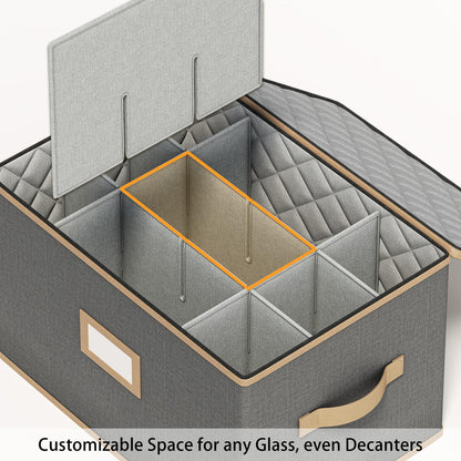 TomVista Wine Glass Storage Box with Dividers, Quilted Hard Shell Organizer for Stemware and Glassware Sets, Ideal for Storage and Moving Supplies, 1-Pack, Grey