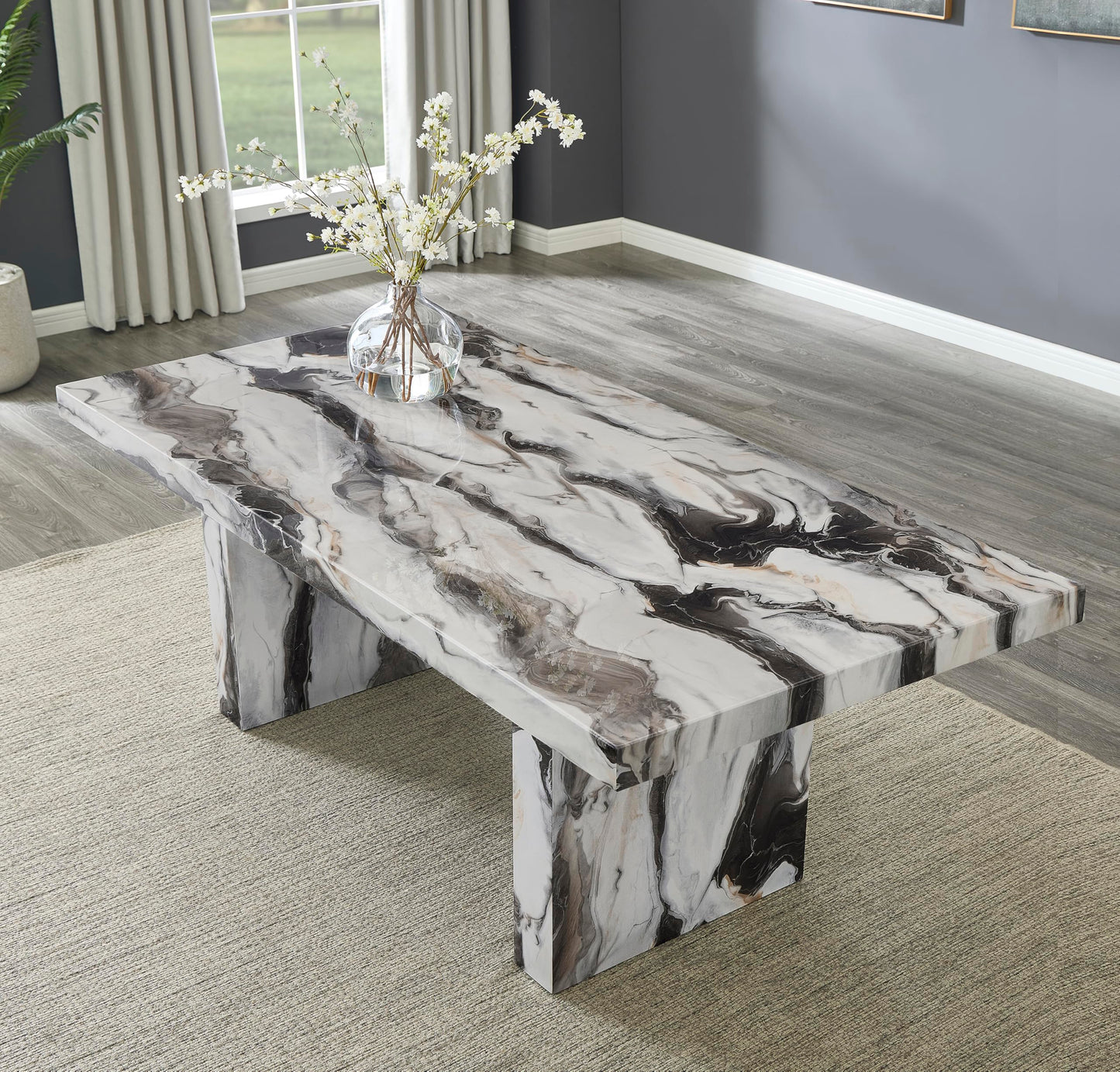 Roundhill Furniture Cavira 6-Piece Modern Faux Marble Dining Set, Double Pedestal Table with 4 Upholstered Chairs and a Bench