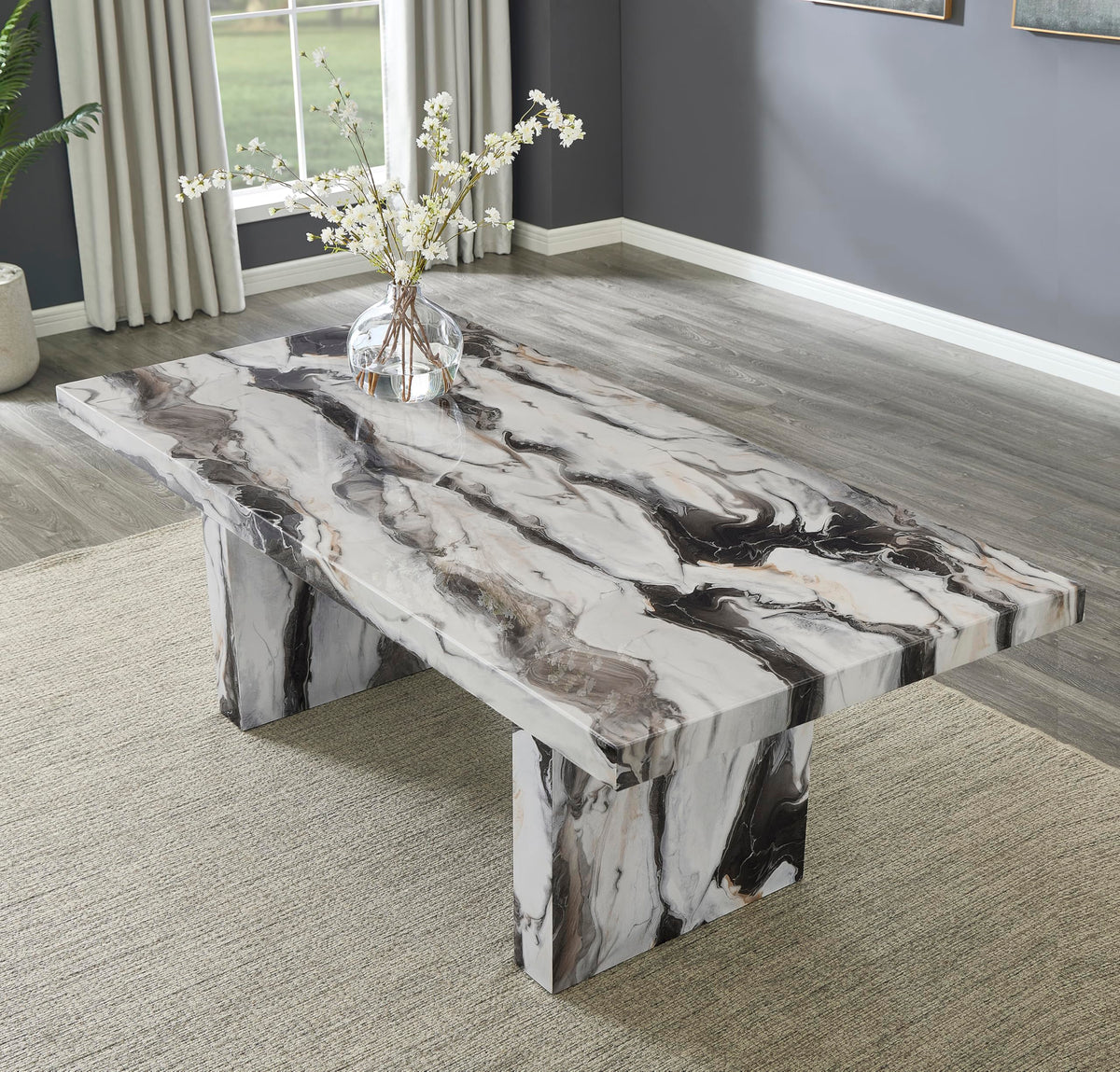 Roundhill Furniture Cavira Modern Faux Marble Dining Table with 4 Chairs and Bench