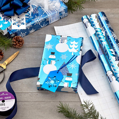 Hallmark Blue Foil Christmas Wrapping Paper with Cut Lines on Reverse (3 Rolls: 60 sq. ft. ttl) Snowmen, Snowflakes, Christmas Trees