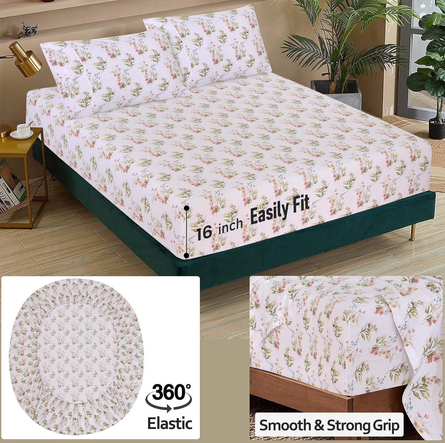 RUVANTI 100% Cotton Percale Sheets Full Size, Floral Bliss