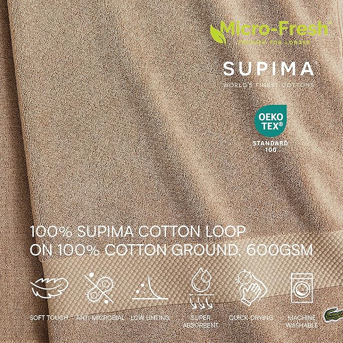 Lacoste Heritage 100% Supima Cotton Bath Towel, Premium Super Soft Bath Towel