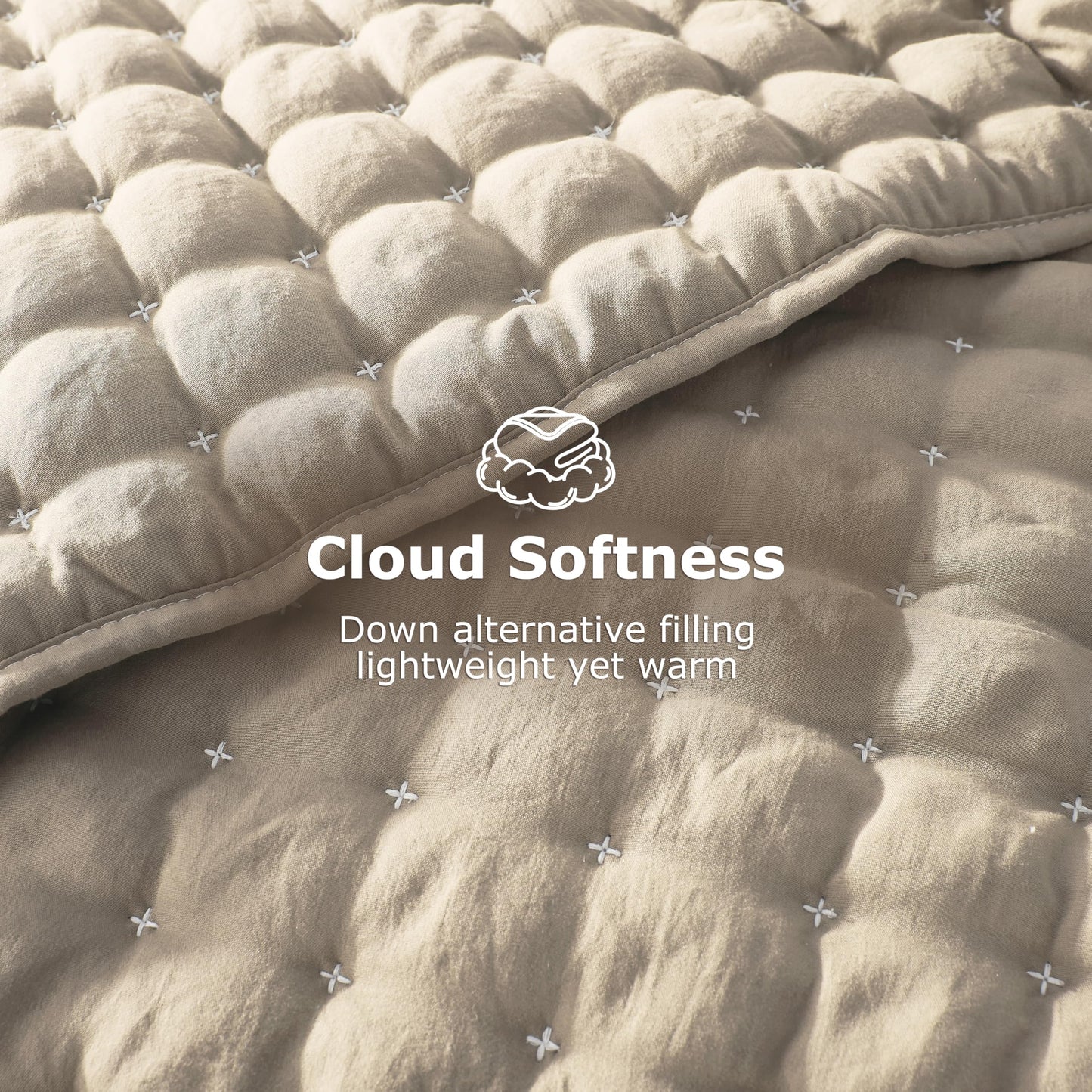 WDCOZY Beige Queen Size Quilt Bedding Sets with Pillow Shams, Cream Tan Lightweight Soft Bedspread Coverlet, Quilted Blanket Thin Comforter Bed Cover for All Season, 3 Pieces, 90x90 inches
