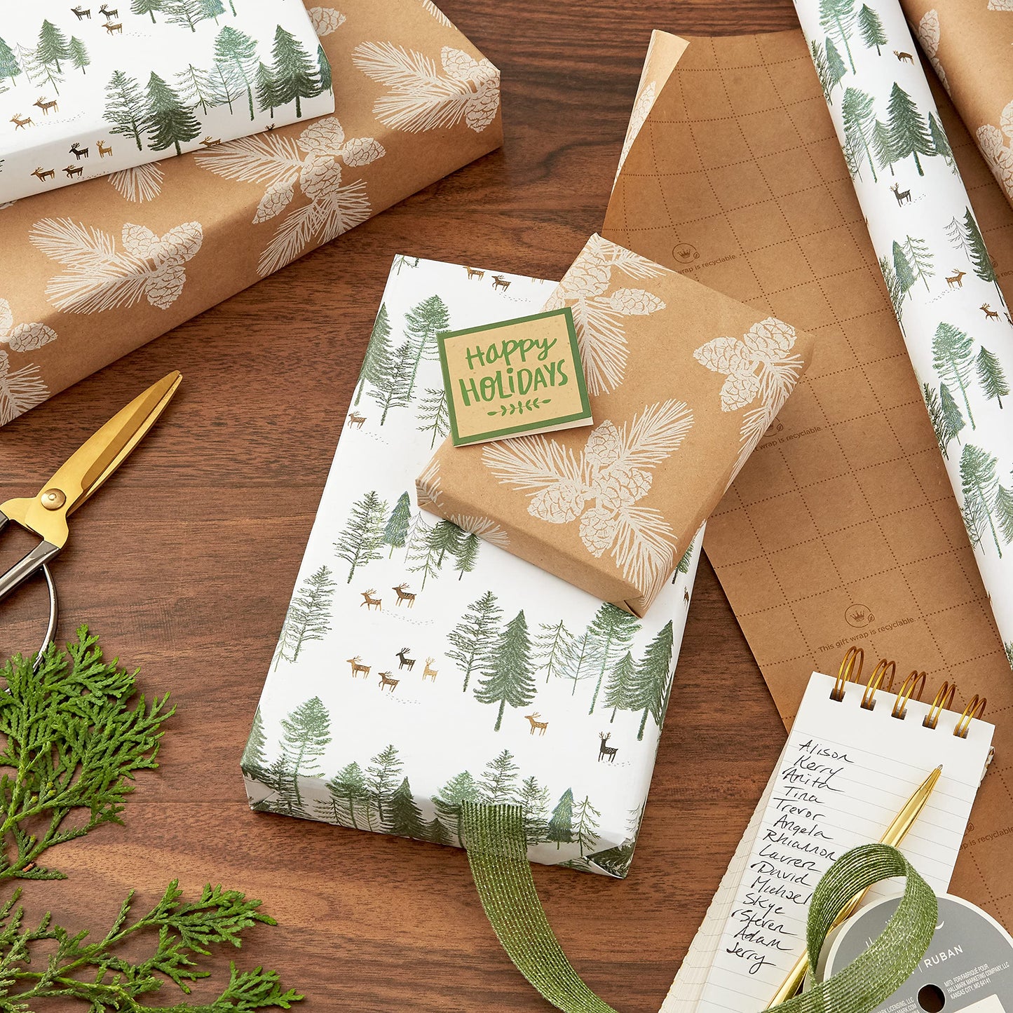 Hallmark Christmas Wrapping Paper Rolls - Green Trees, White Pine Cones on Recyclable Brown Kraft Gift Wrap Paper (Set of 2 Rolls: 150 sq. ft. ttl.) for Holiday Parties, Winter Weddings