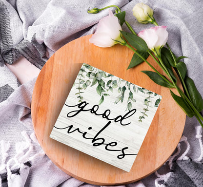 SRADMO Botanical Eucalyptus Leaves Wood Box Sign Desk Decor, Rustic Eucalyptus Leaves Wooden Block Box Sign Decoration For Home Shelf Table Office Decor 6x6 inches