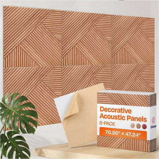 Ekkogo XL Acoustic Wall Panels 6-Pack Decorative Acoustic Panels High Density Sound Absorbing Wall Art 70.86X47.24 Inches with Self-adhesive for Studio Home and Office - Teak Wood Finish