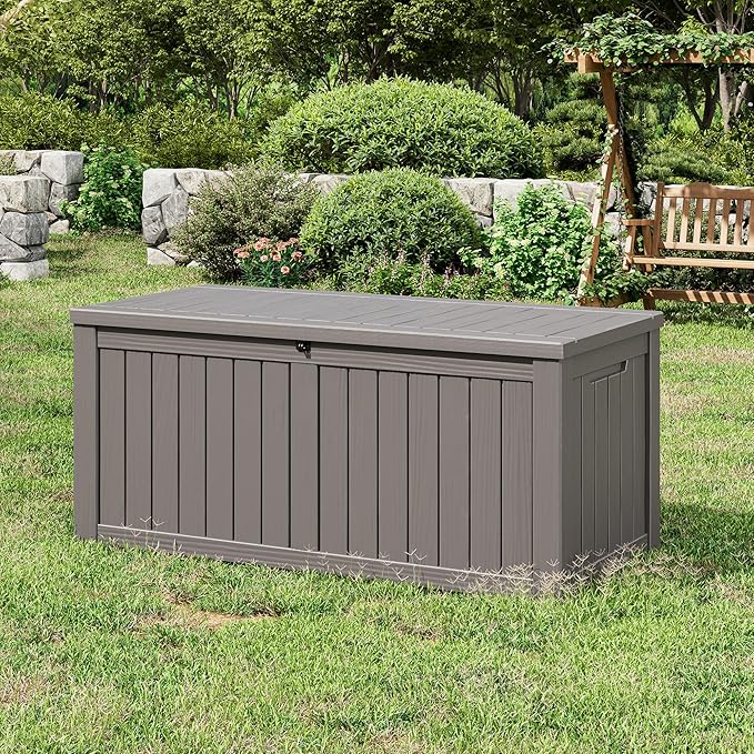 Outdoor Storage Box, Resin Deck Boxes Indoor and outdoor, Waterproof Storage Box Lockable Lid (Grey, 120 Gallon)