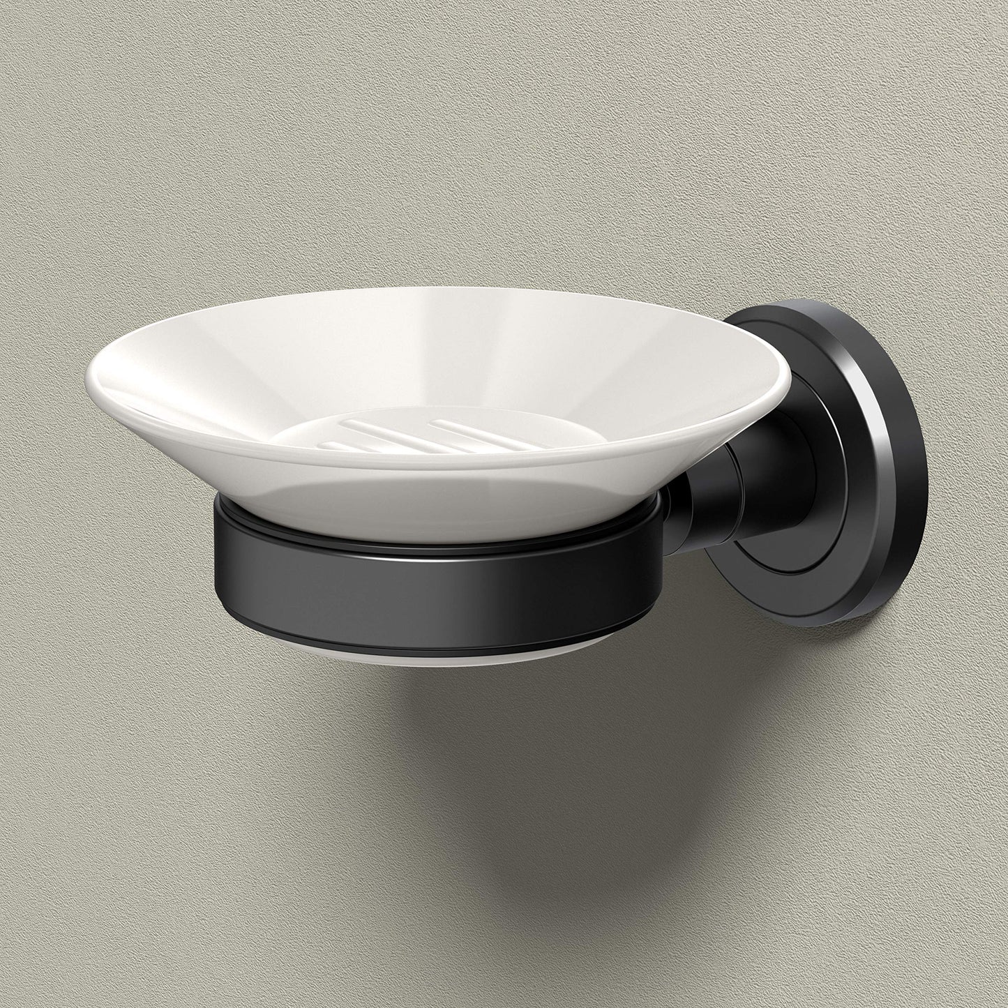 Gatco 1940MX Latitude II Wall Mounted Porcelain Soap Dish with Matte Black Holder, White/Matte Black, 2.1" H x 4.31" W x 5.25" D