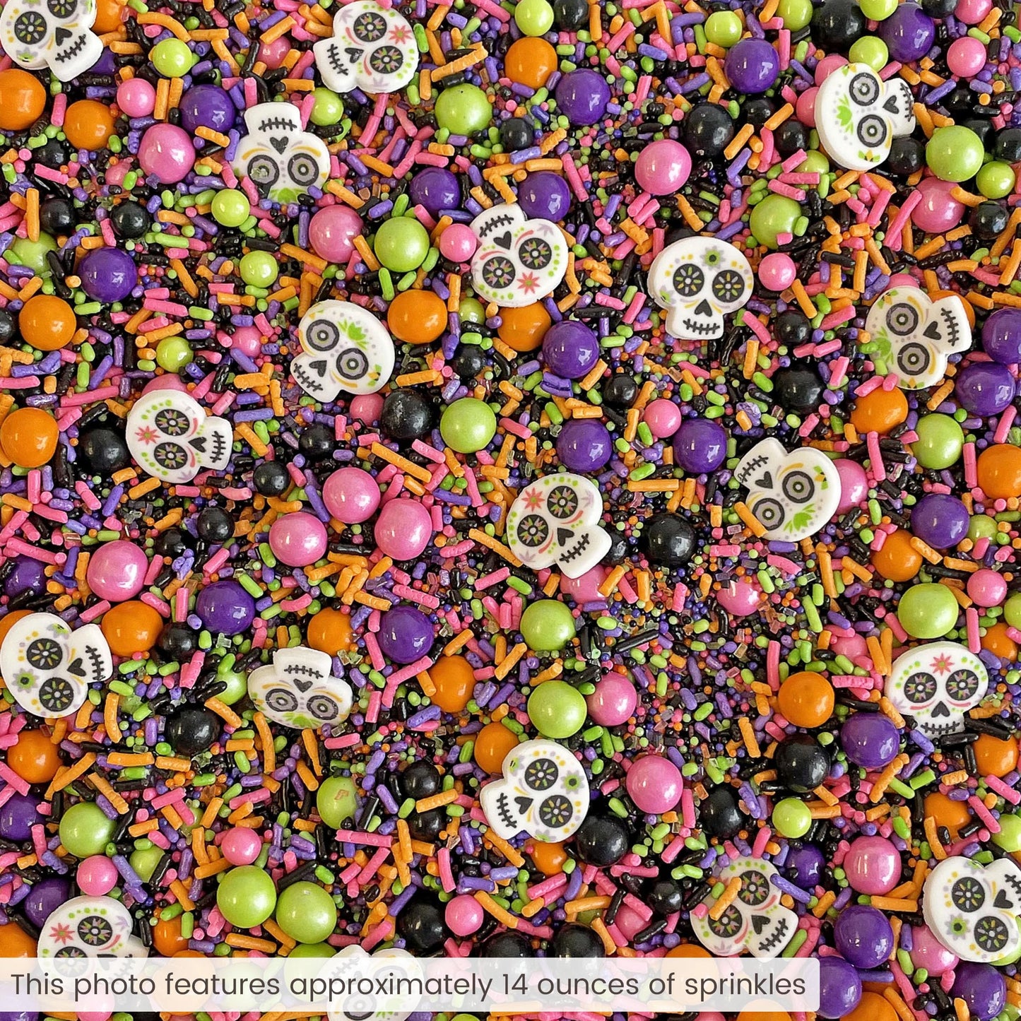 Sprinkle Pop Dia De Los Muertos Sprinkle Mix| Black Pink Purple Lime Orange Sprinkles| Halloween Sprinkles with ~6 Day of the Dead Sugar Skulls Made in USA for Decorating Cake Cookies Cupcakes, 2oz