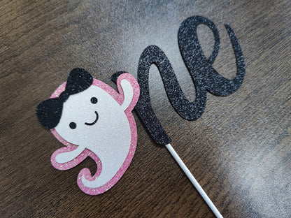 Pink Glitter Halloween Ghost One Birthday Cake Topper The Spooky One Cake Topper for Pink Girl Halloween1st Birthday Cake Decorations