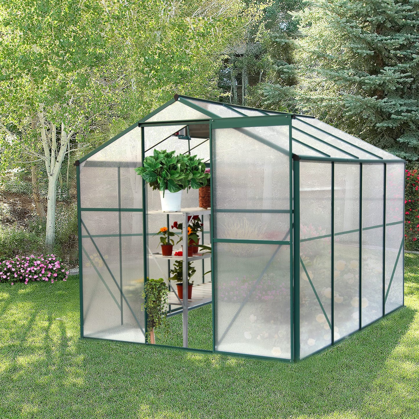 Jintop 6'x 8' Polycarbonate Greenhouse with Thickened Aluminum and Sliding Door,Heavy Duty Walk-in Plant Garden Green House,W/ Drainage System,for Backyard,Terrace,Garden,Green