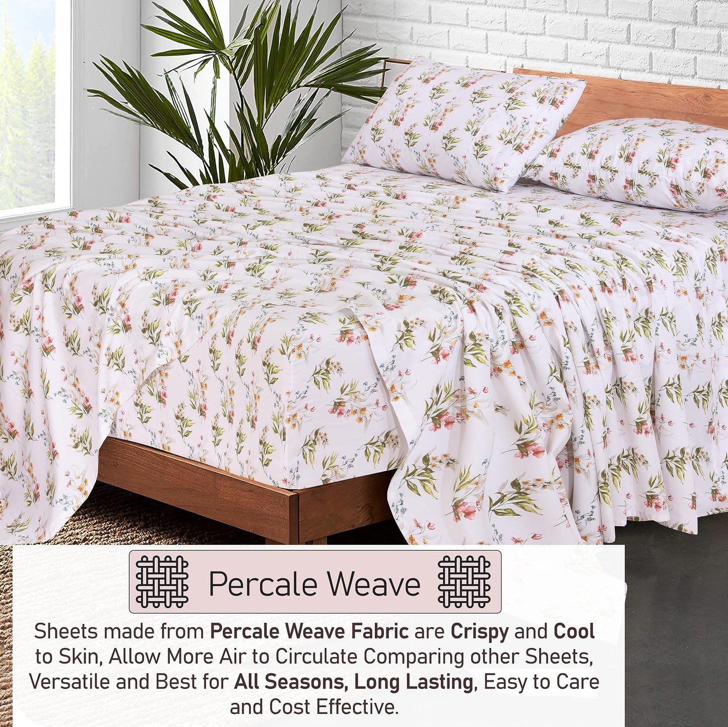 RUVANTI 100% Cotton Percale Sheets Full Size, Floral Bliss