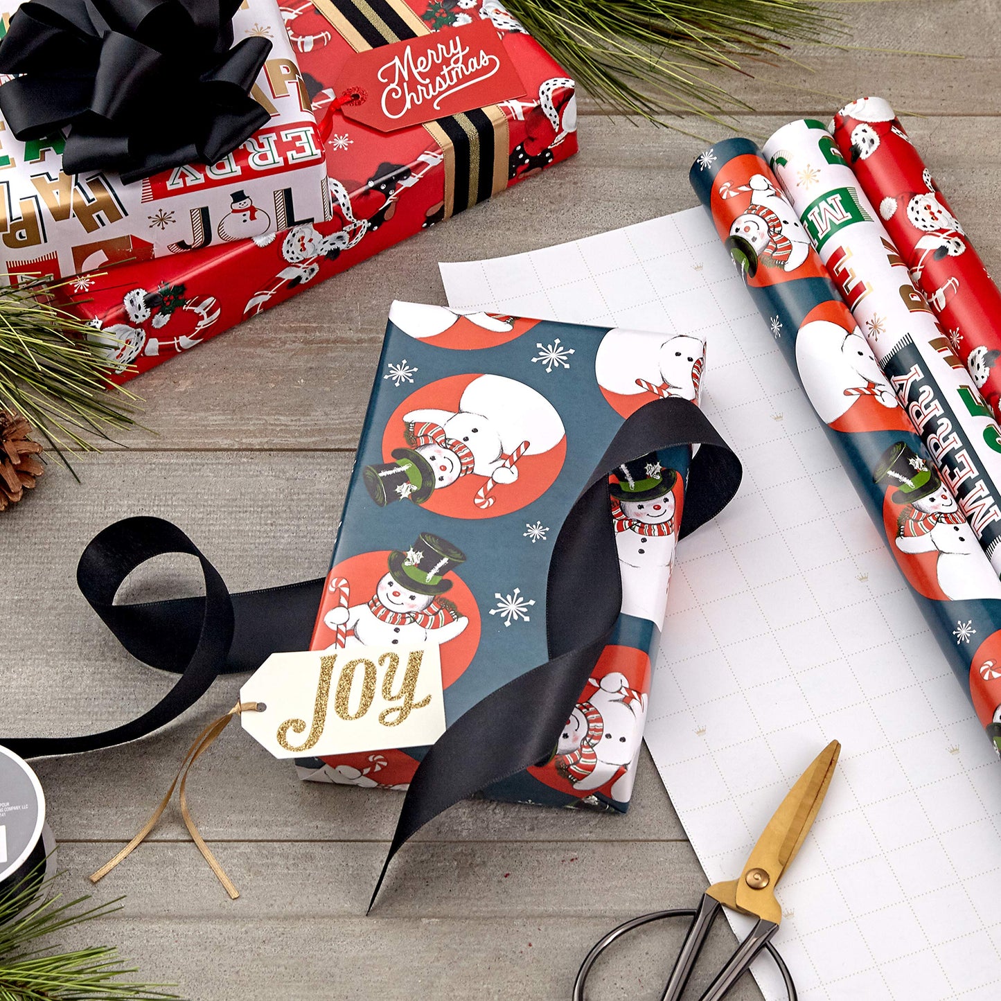 Hallmark Vintage Christmas Wrapping Paper Cut Lines on Reverse (3 Rolls: 120 sq. ft. ttl) Dancing Santas, Classic Snowman, "Merry, Jolly, Happy, Peace"