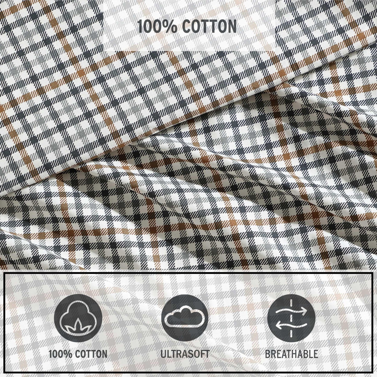 Eddie Bauer - Twin Sheet Set, Crisp & Cooling Sheets w/a Naturally Smooth Cotton Percale Lightweight Feel - Matching Pillowcase & Deep Pocket Fitted Sheet (Griffin Plaid Beige)