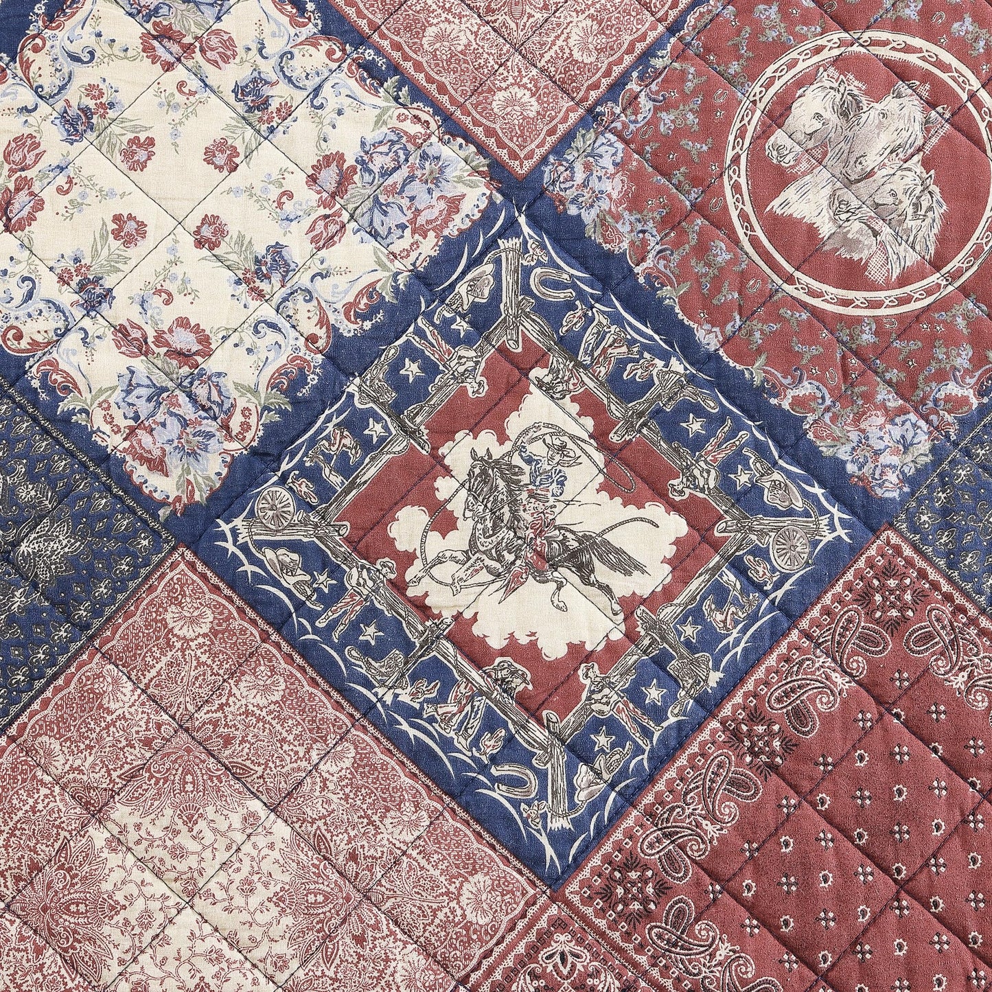 Paseo Road Tasha Polizzi Patchwork Bandana Western Bedding Sets, 3 Piece Queen Cotton Quilt Set, Red Blue Medallion Paisley Country Bedding, Reversible Floral Print Patchwork Quilt with Pillow Shams