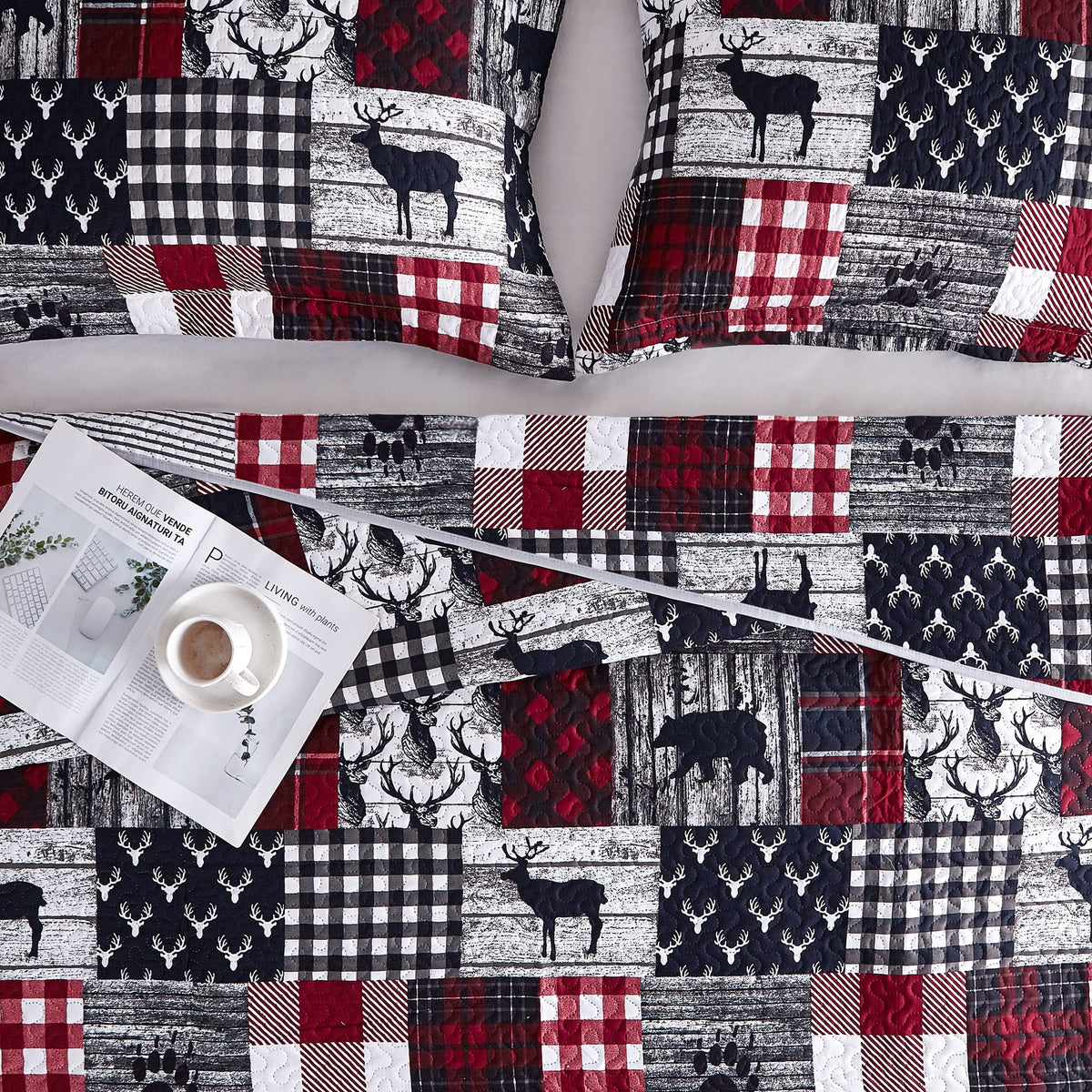 UMCHORD Cabin Quilt Set Queen, Christmas Rustic Quilt Coverlet Bed Set, 3-Piece Lightweight Reversible All Season Quilt Set, Lodge Bedspread Quilt with 2 Shams