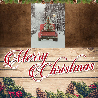 LED Wall Art - Lighted Red Pick-Up Truck Canvas Print - Light Up Picture with Winter Scene - Vintage Red Pickup Truck Carrying a Christmas Tree - Measures 15.75" X 11.75"