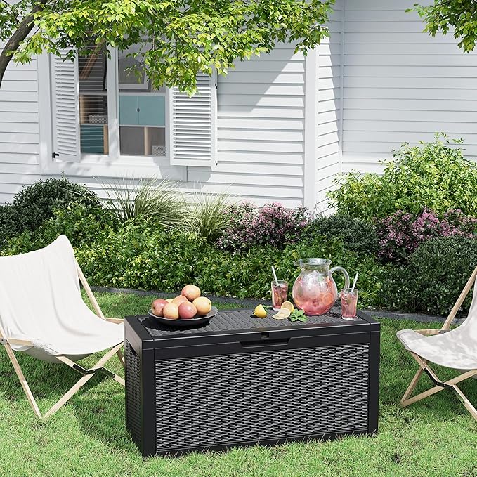 Outdoor Storage Box, Resin Deck Boxes Indoor and outdoor, Waterproof Storage Box Lockable Lid (Black, 70 Gallon)