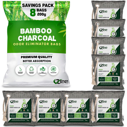 8 XL Bags x 200g Nature Fresh Activated Odor Absorber, Bamboo Charcoal Air Purifying Bag, Odor Eliminator for Home, Car, Cigarette Smoke, Dog, Cat, Shoes