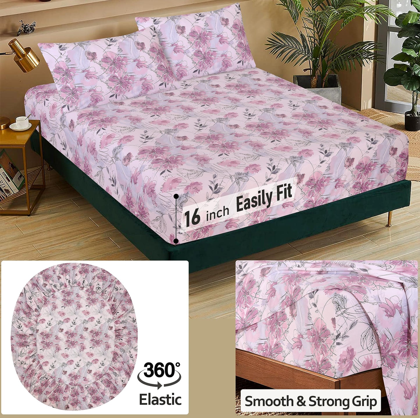 RUVANTI 100% Cotton Percale Sheets King Size – Crisp Cooling Bed Sheets for Hot Sleepers, Deep Pocket 16”, Soft Breathable & Durable Hotel-Style 4 Piece Set, Lilac Floral
