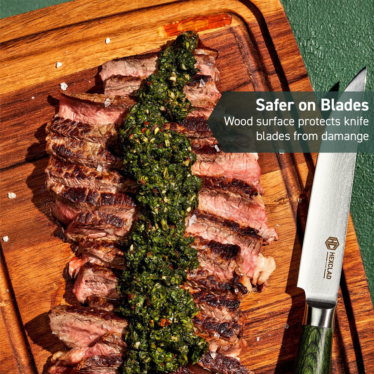 HexClad 4-Piece Bistecca Wooden Steak Plate Set with Juice Channel for Meats, Stackable Design with Straight Edges and Completely Flat Base, Easy to Clean, Lightweight and Durable