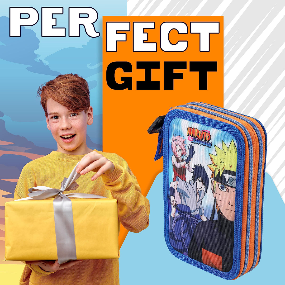 Naruto Pencil Case with Stationery Included School Supplies Filled Large Pencil Case 2 Compartments Colouring Pencils Mini Notebook Boys Stationery Set Anime Gifts for Boys