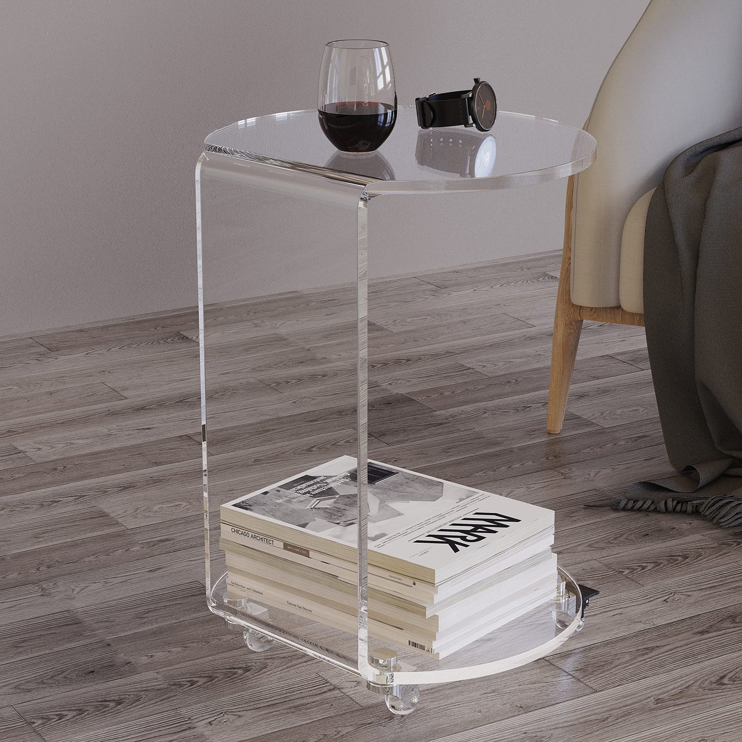 C-Shaped Round Acrylic Side Sofa Table on Wheels,Clear Rolling Decoration Table for Living Room or Bedroom
