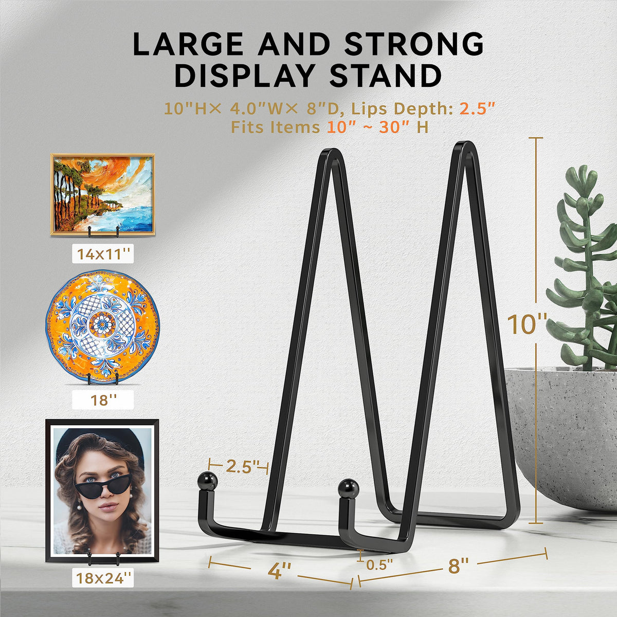 IPAME 10 Inch Large Plate Stands for Display - Metal Plate Holder Display Stand + Small Easels Picture Stand for Book, Platter, Plaque, Photo Frame, Tabletop Art (2 Pack)