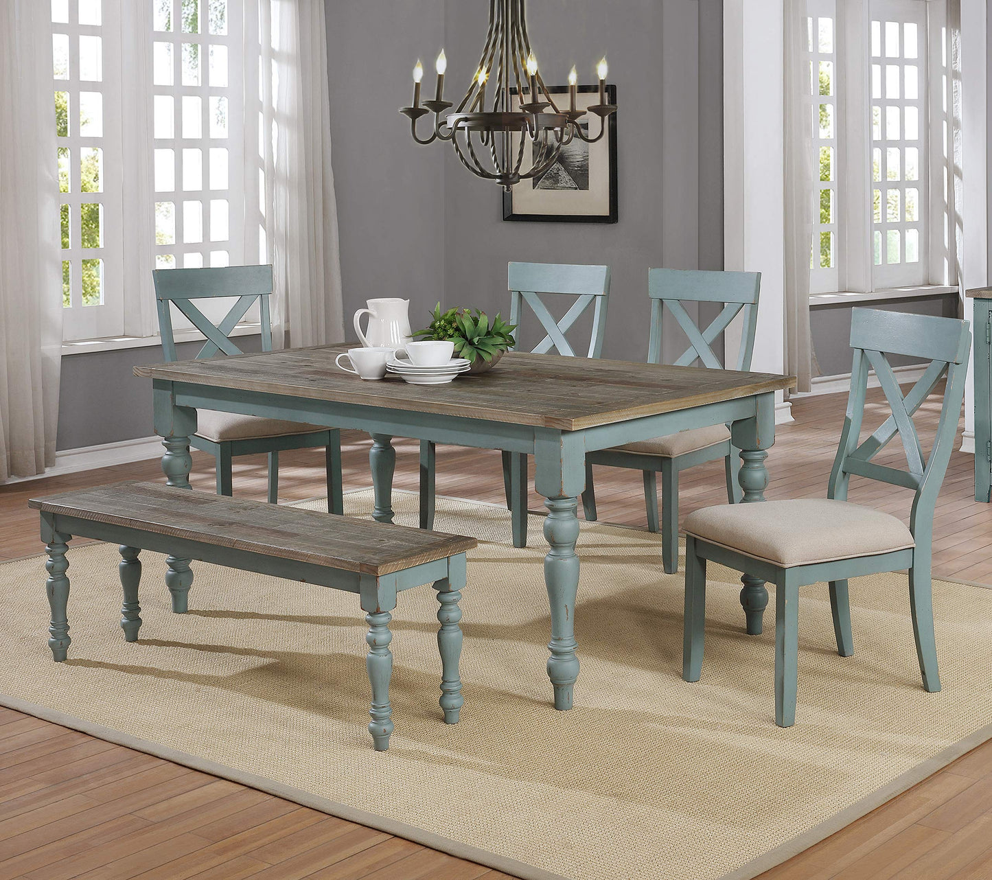 Roundhill Furniture Prato 6-Piece Dining Set, Dining Table with 4 Cross Back Chairs and Bench, Antique Blue and Distressed Walnut Finish