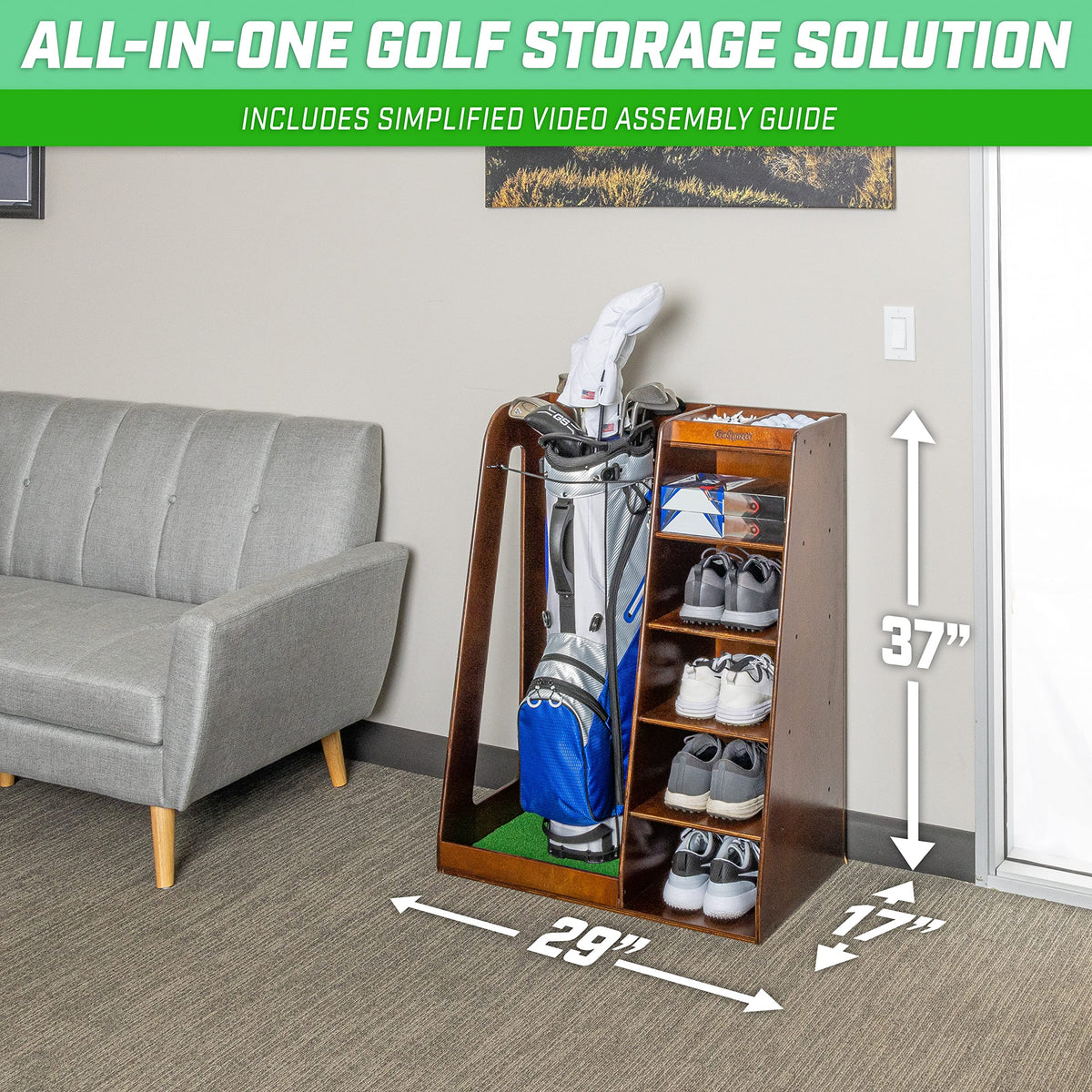 GoSports Premium Wooden Golf Bag Organizer and Storage Rack - Choose Your Style