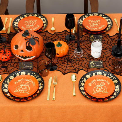 ISFANGCO 60 PCS Plastic Spoof Plates Set for 30 Guests-30 Black Dinner Plates with Gold Ghost Spider,30 Orange Dessert Plate with Gold Pumpkin Lantern