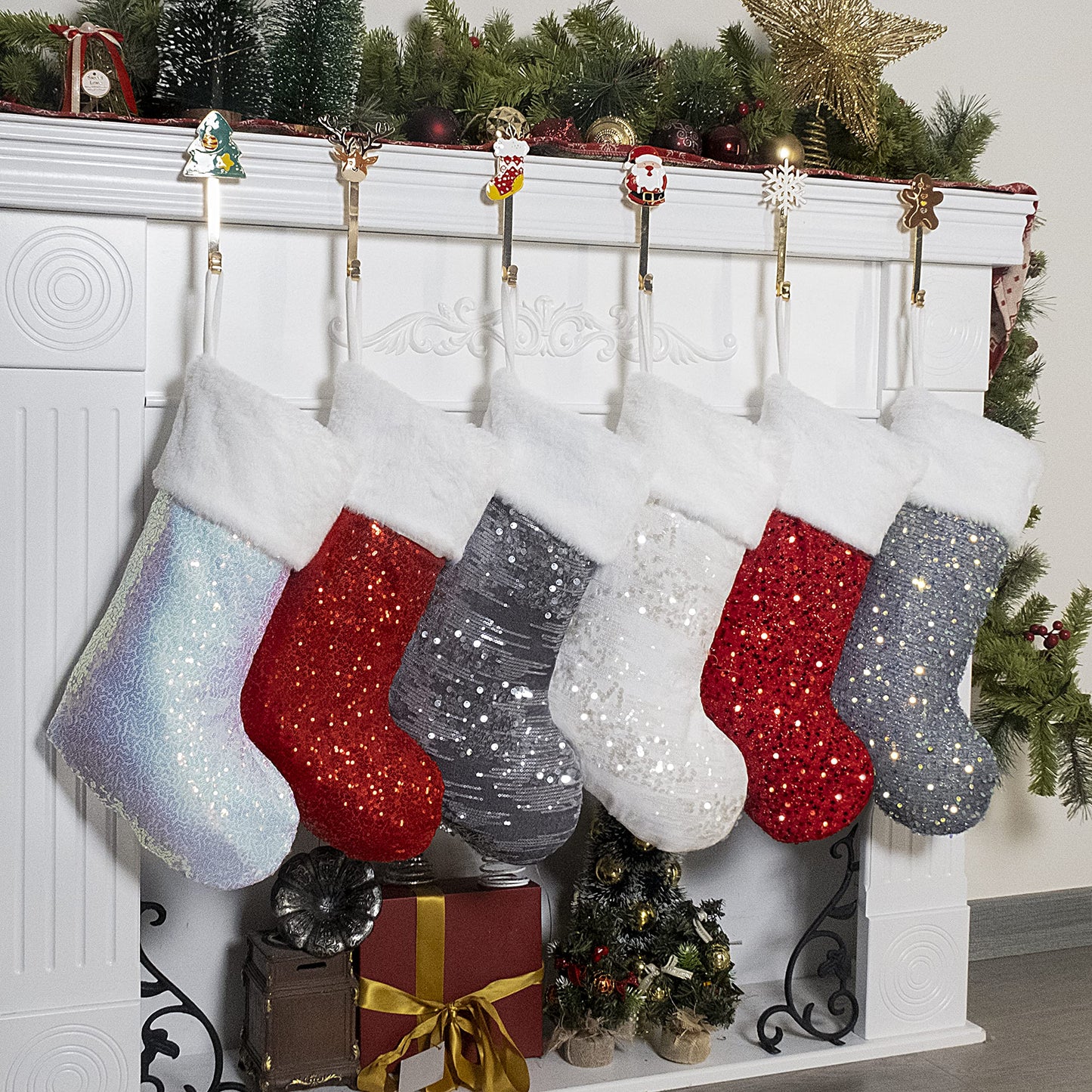 BHD BEAUTY Christmas Stockings 6 Pack for Family 20 inches Red/White/Grey Sequin Sparkle Glitter with Large Plush Cuff Classic Fireplace Tree Decorations Hanging Ornament for Xmas Season Party Decor