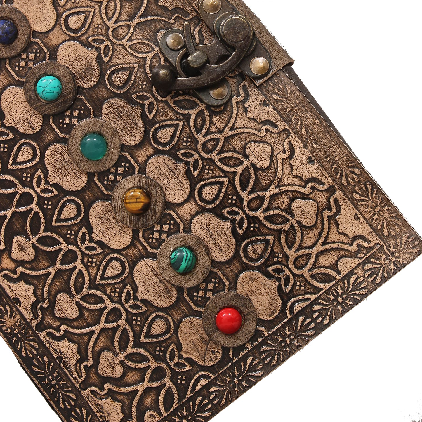 AzureGreen Leather Book of Shadows Journal, Supernatural Notebook with Chakra Gem Stones Healing Crystals and Latch