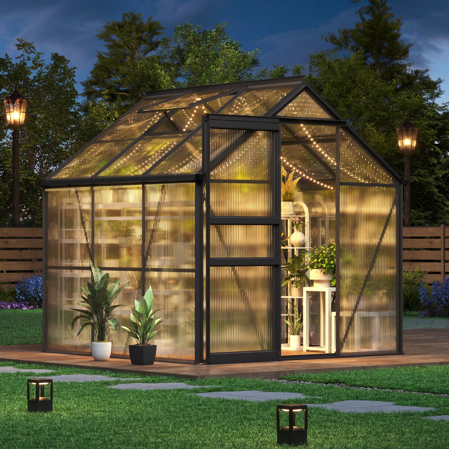 GarveeHome 6x6 FT Walk-in Polycarbonate Greenhouse - Heavy Duty Aluminum Frame with Base Kit, 4mm Double-Wall UV Protected Panels, 5-Position Adjustable Roof Vent & Sliding Door, Winter Plant House