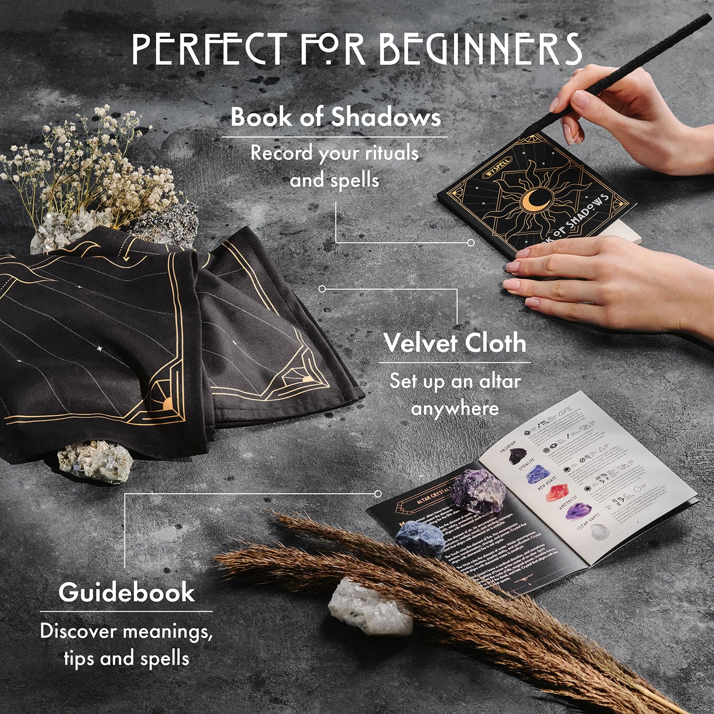 Wyspell Large Witchcraft Kit 77 PCS - Witch Altar Spell Set - Wiccan Supplies & Tools - Witchy Gifts for Beginners: Spell Candles, Dried Herbs, Crystals, Stones, Cloth, Pendulum, Bowl & Spoon