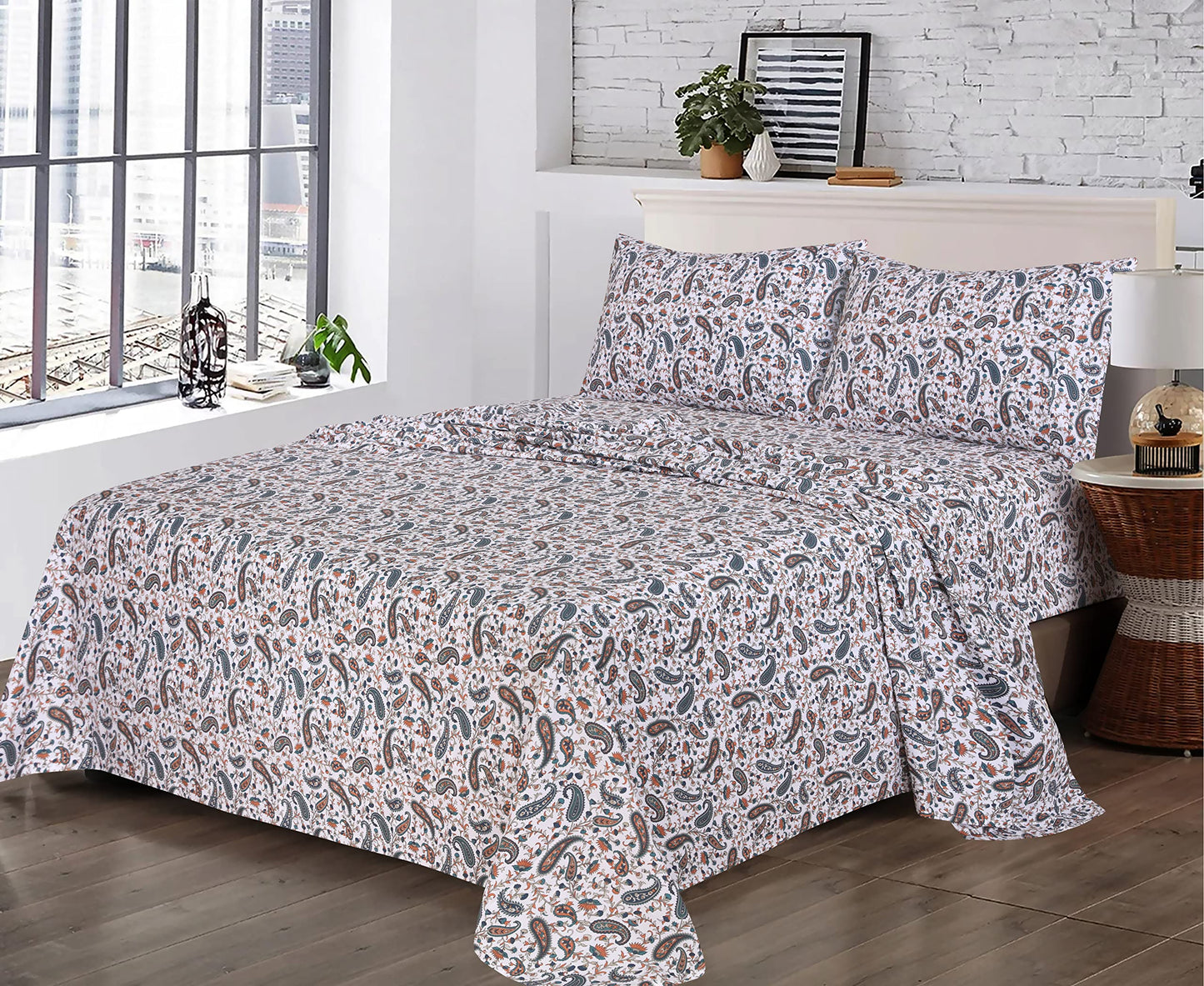 RUVANTI 100% Cotton Percale Sheets, Queen Size, Teal Paisley