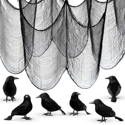 Halloween Creepy Cloth and Crows - Pack of 7 and Black and White Stripe Balloons - 18 Inch, Pack of 10 | Black and White Striped Balloons, Halloween Decorations | Halloween Crows and Raven Decorations