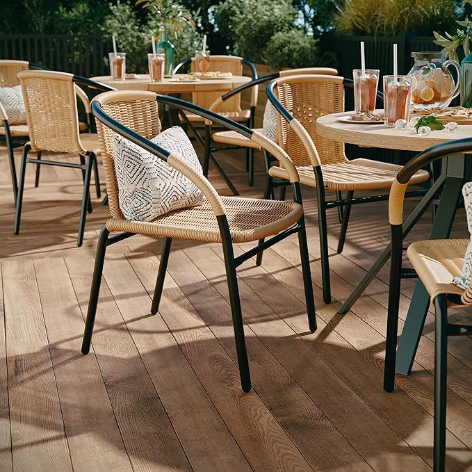 Flash Furniture Lila 4 Pack Beige Rattan Indoor-Outdoor Restaurant Stack Chair | Versatile and Stylish Seating