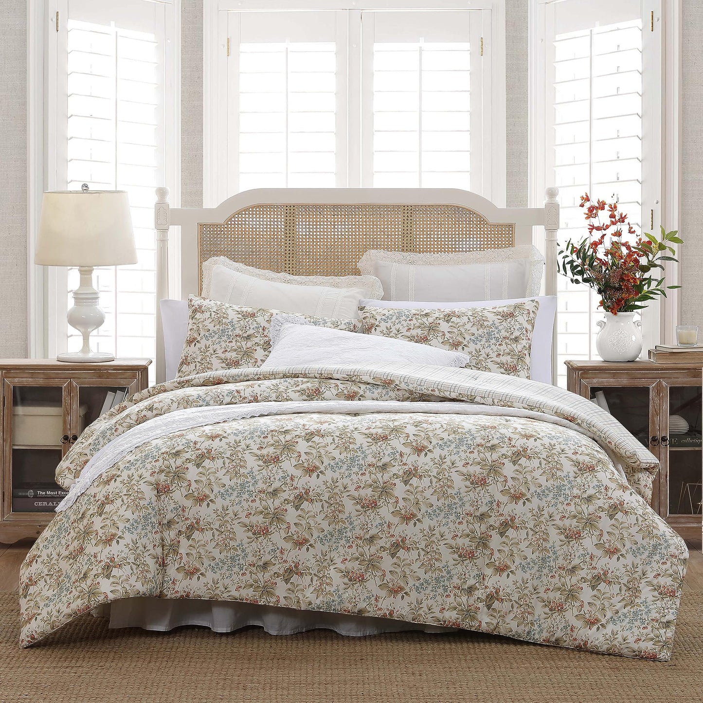 Laura Ashley - Queen Comforter Set, Reversible Cotton Bedding with Matching Shams, Floral Home Decor with Plaid Reverse (Bramble Floral Beige, Queen)
