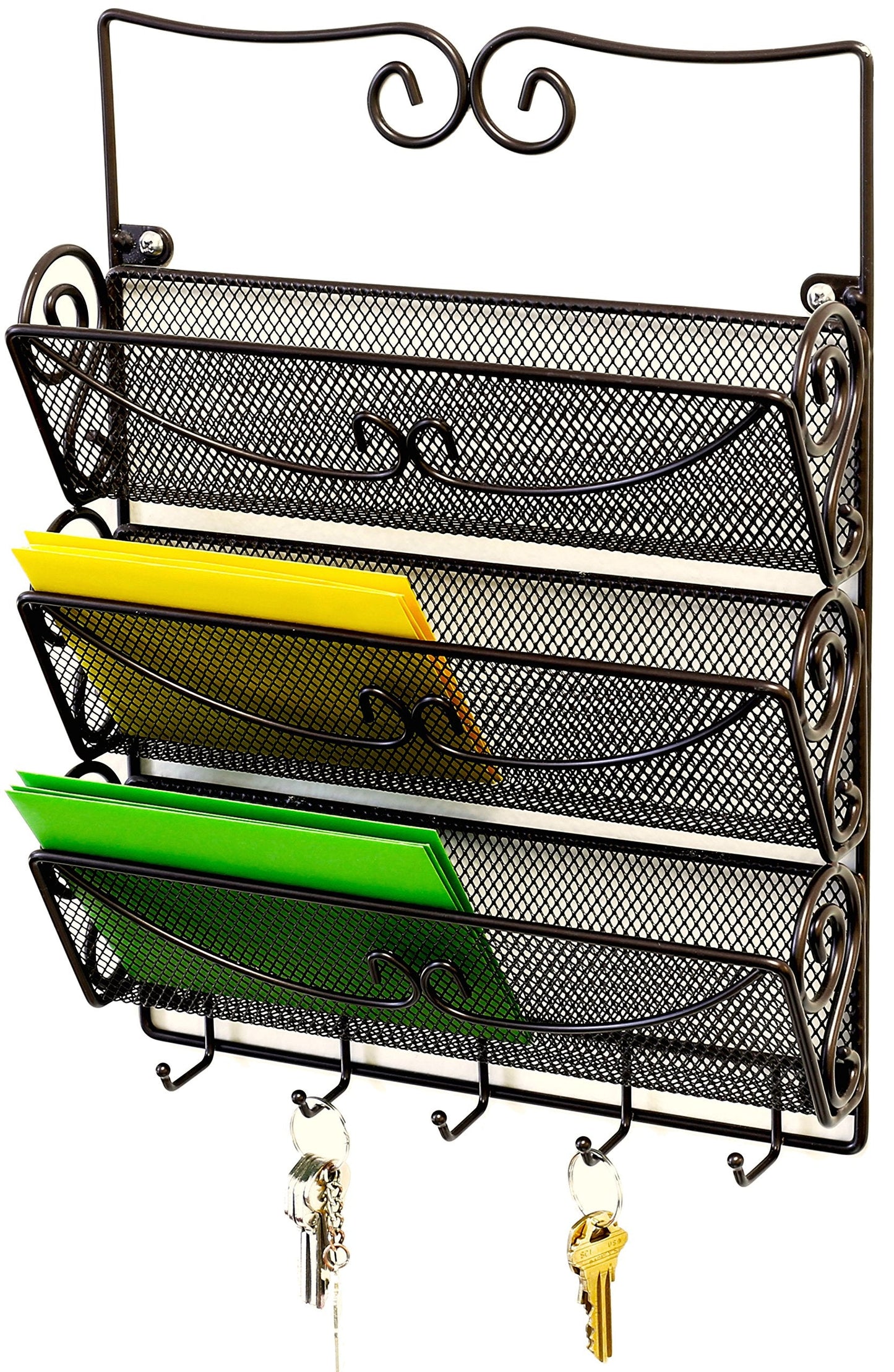 Deco Brothers Wall Mail Organizer with 5 Key Holder, 3 Tier, Bronze