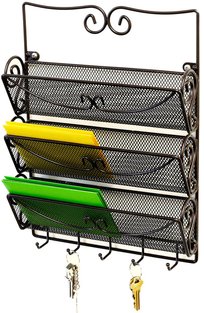 Deco Brothers Wall Mail Organizer with 5 Key Holder, 3 Tier, Bronze