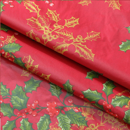 Newbridge Red Golden Holly Christmas Vinyl Tablecloth with Flannel Backing, Metallic Gold Holly & Berry Print, Wipe Clean Easy Care, 52 x 52 Inch Square